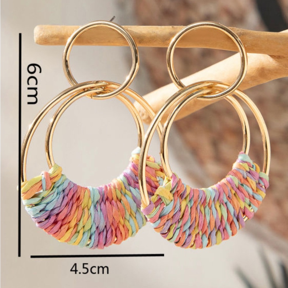 New Gold Tone Round Drop Dangle Earrings Pastel Woven Raffia Bohemian Posts - Picture 3 of 9